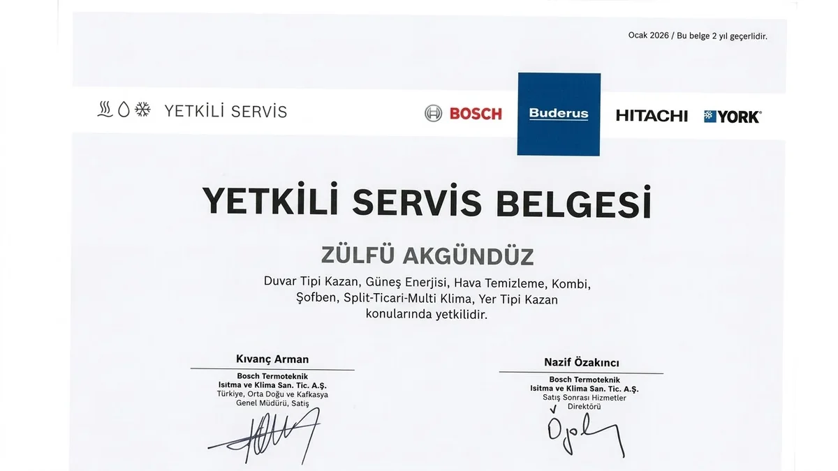 Bosch Termoteknik tarafından düzenlenen Bosch, Buderus, Hitachi ve York yetkili servis belgesi — Zülfü Akgündüz